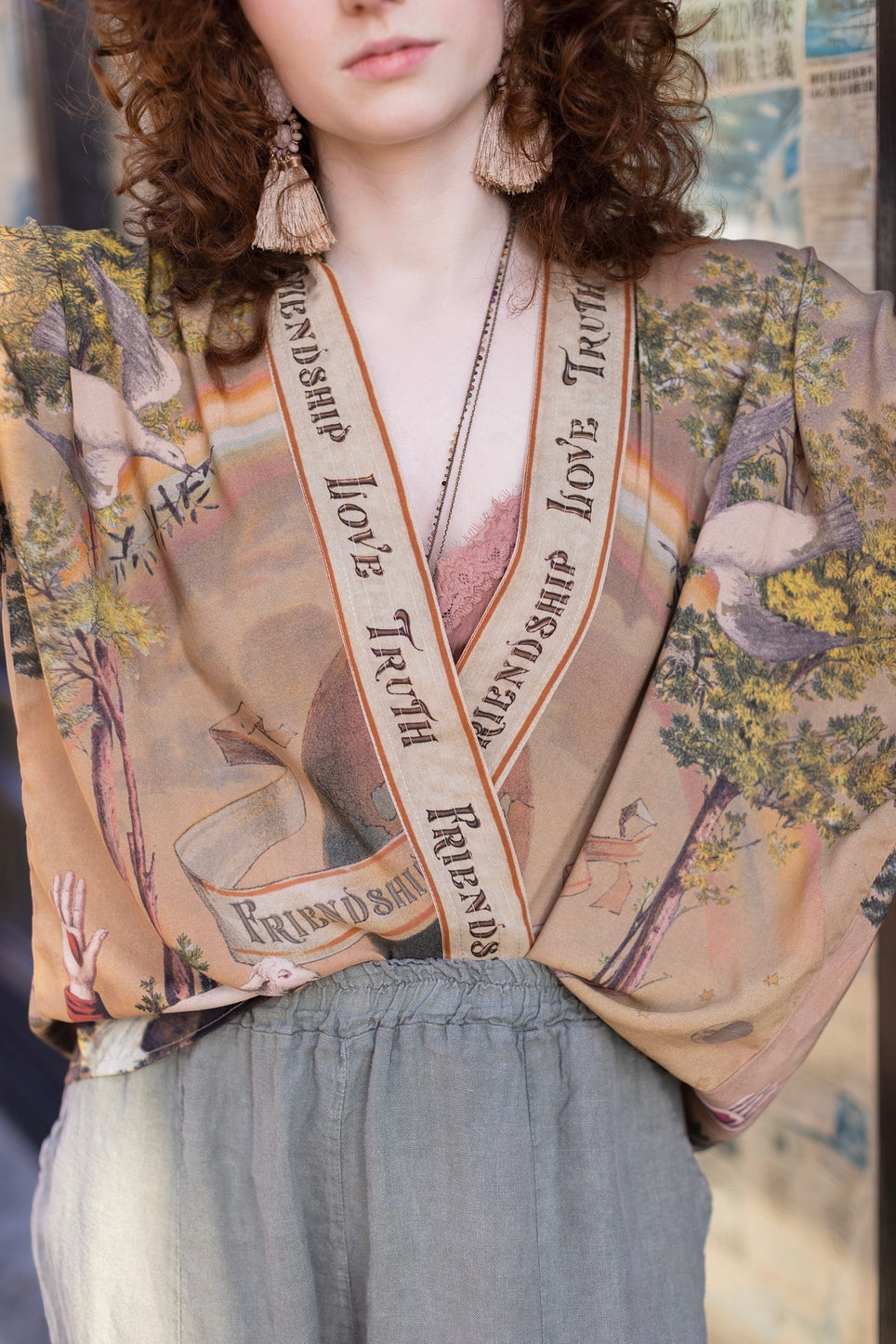 Short Vintage Friendship Love and Truth Cropped Bamboo Kimono Cardigan